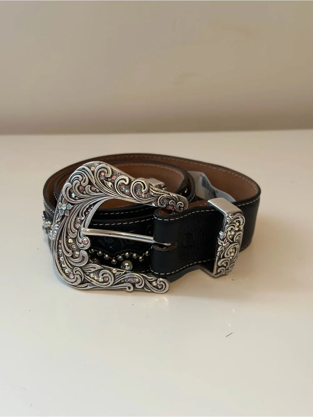 Tony Lama Black Leather Western Belt Crystal Silver Buckle Size 32 1.5